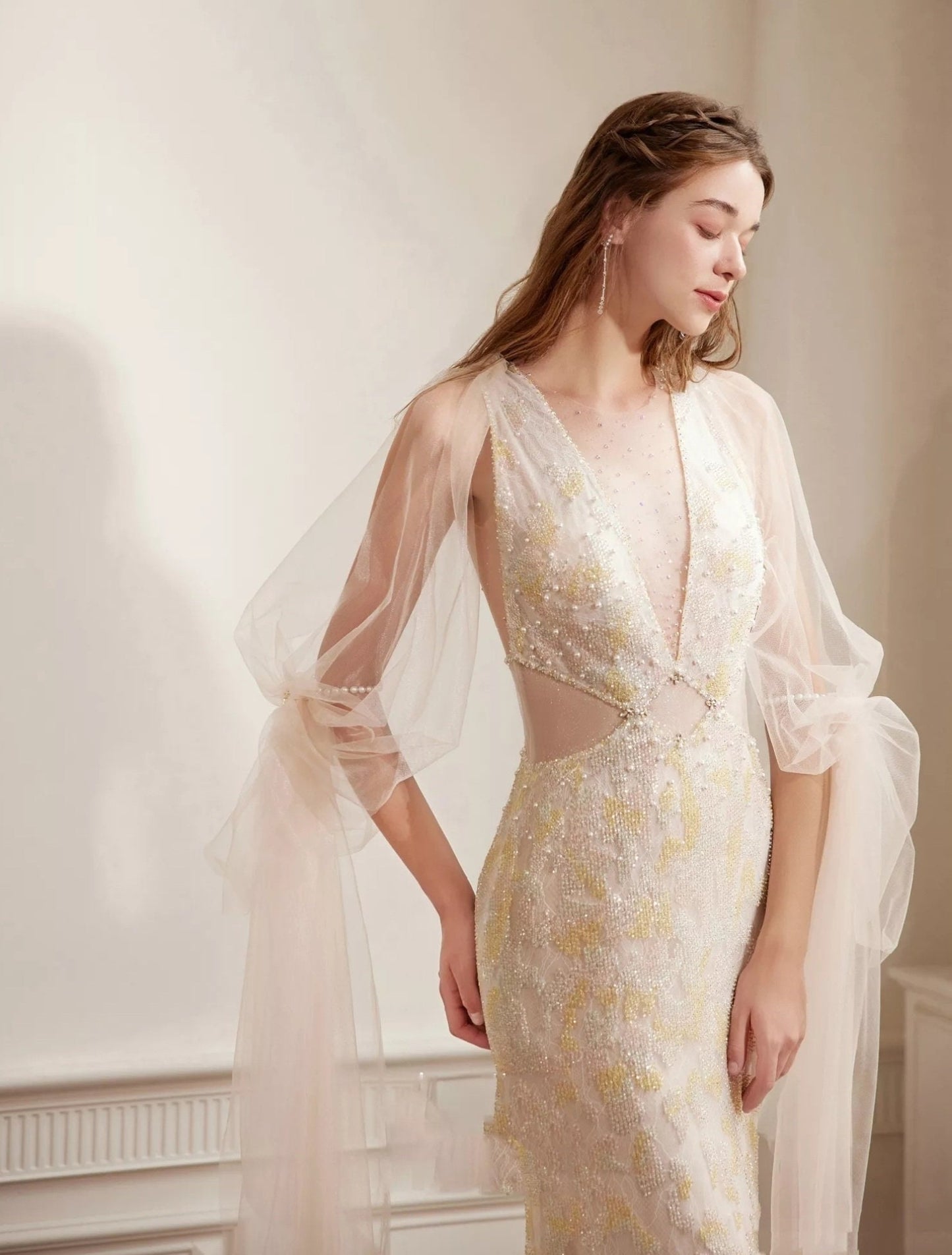 Detached Floor Length Translucent Tulle & Pearl Beaded Elbow Ring Sleeves