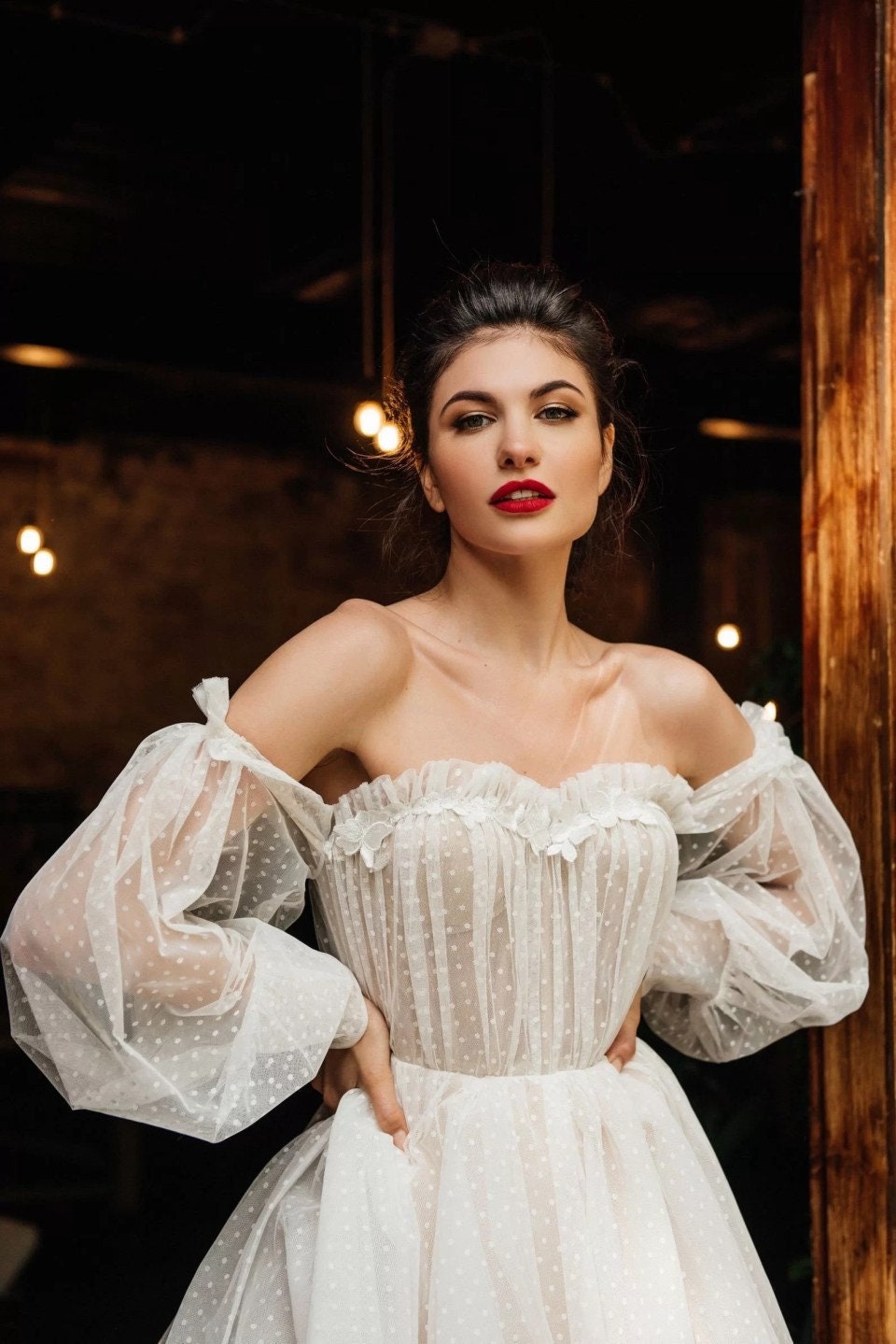 Polka Dot Tulle Ruffled Bohemian Off The Shoulder Puff Sleeve Gown