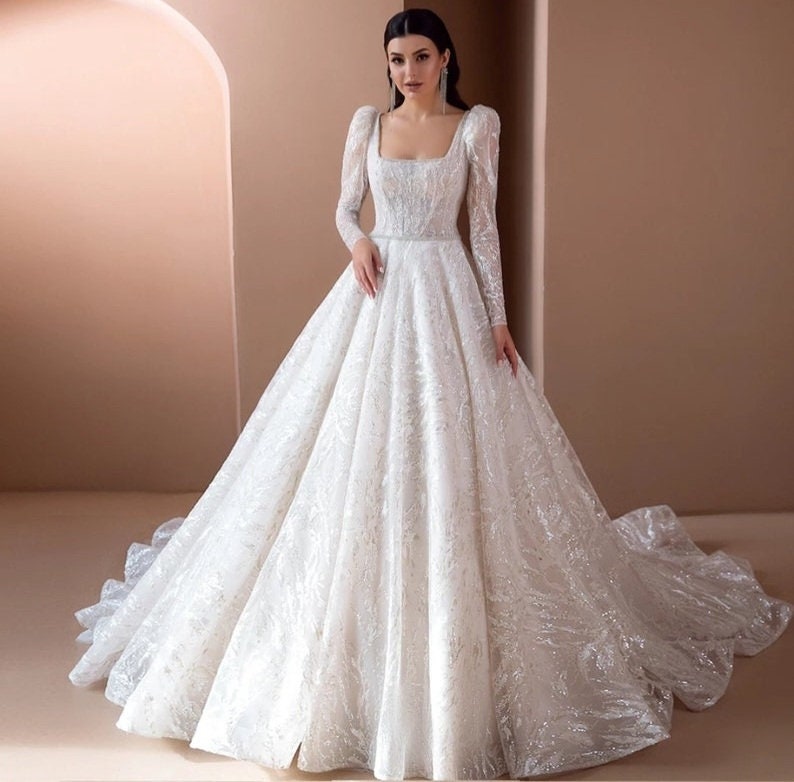 Long Sleeve Beaded & Sequins Square Neckline Wedding Gown