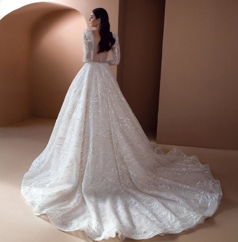Long Sleeve Beaded & Sequins Square Neckline Wedding Gown