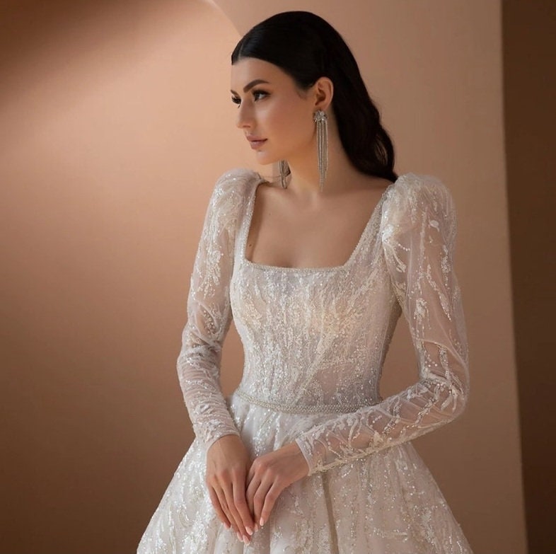 Long Sleeve Beaded & Sequins Square Neckline Wedding Gown