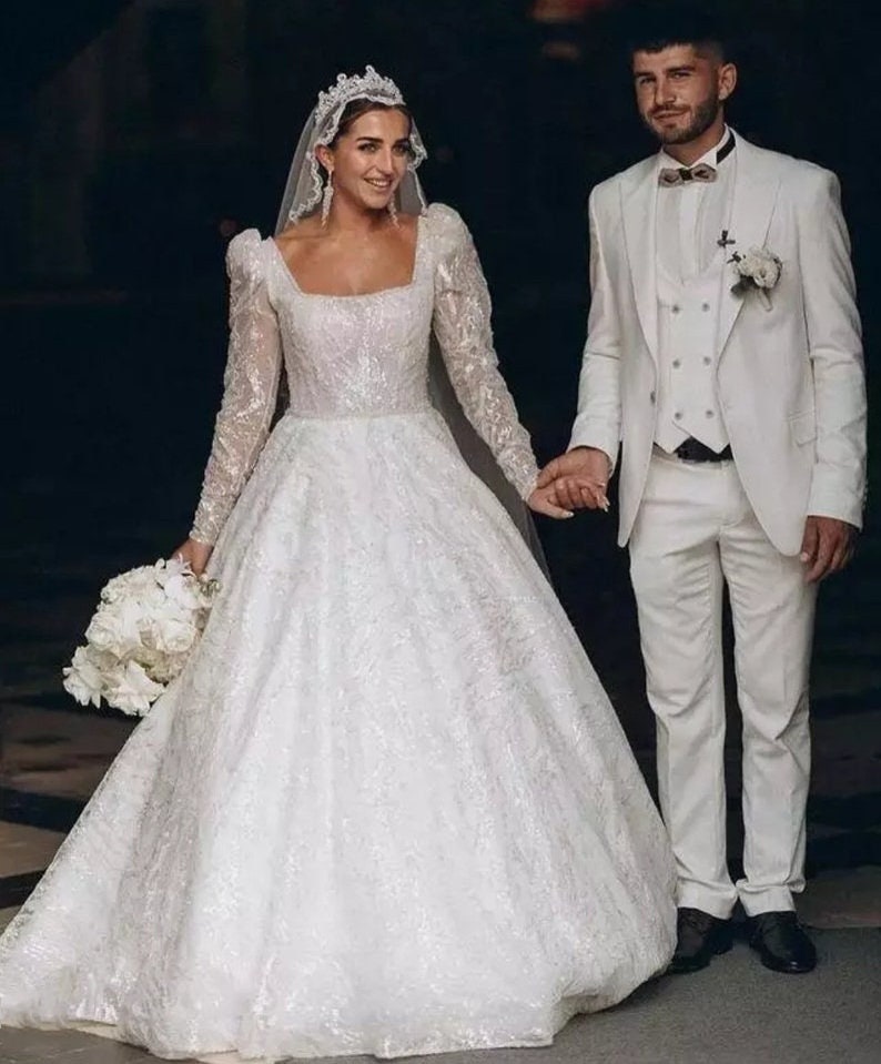 Long Sleeve Beaded & Sequins Square Neckline Wedding Gown