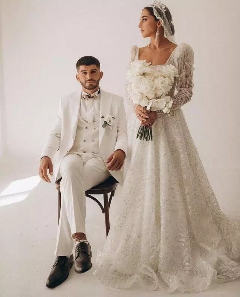 Long Sleeve Beaded & Sequins Square Neckline Wedding Gown