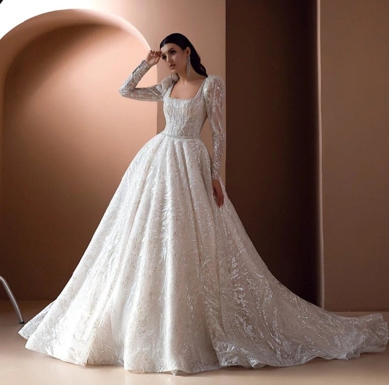 Long Sleeve Beaded & Sequins Square Neckline Wedding Gown