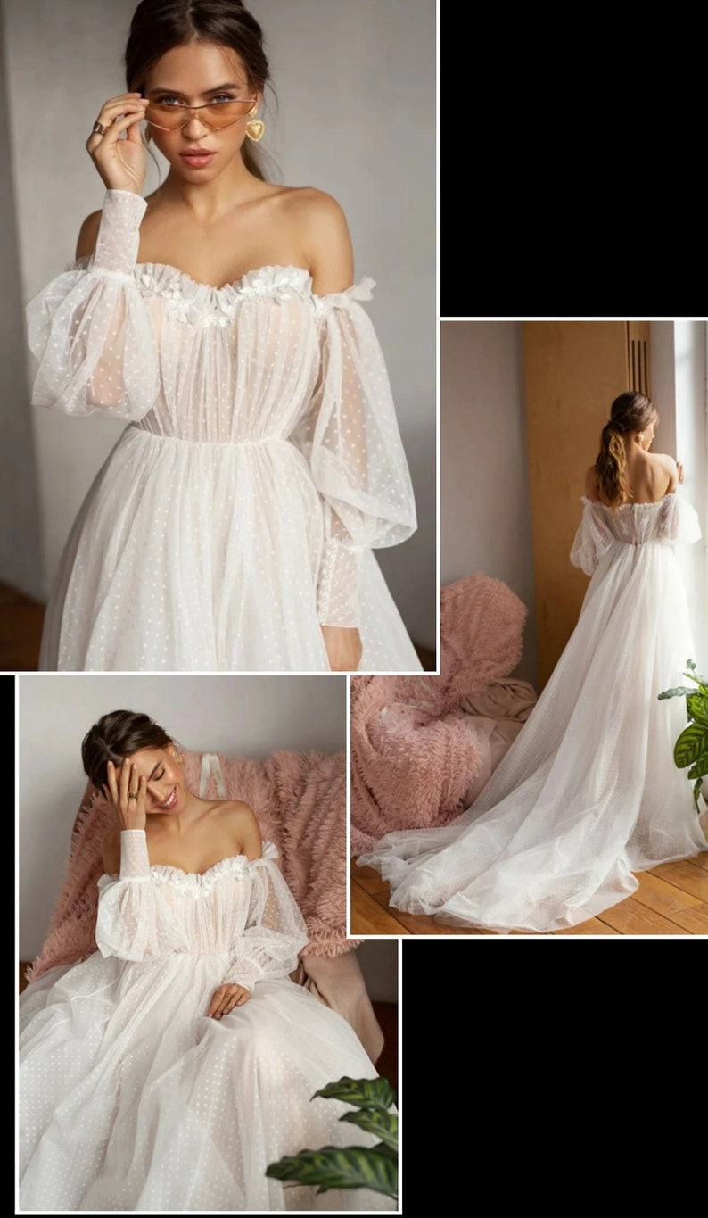 Polka Dot Tulle Ruffled Bohemian Off The Shoulder Puff Sleeve Gown