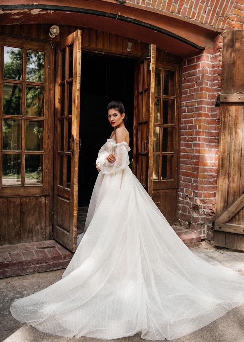 Polka Dot Tulle Ruffled Bohemian Off The Shoulder Puff Sleeve Gown