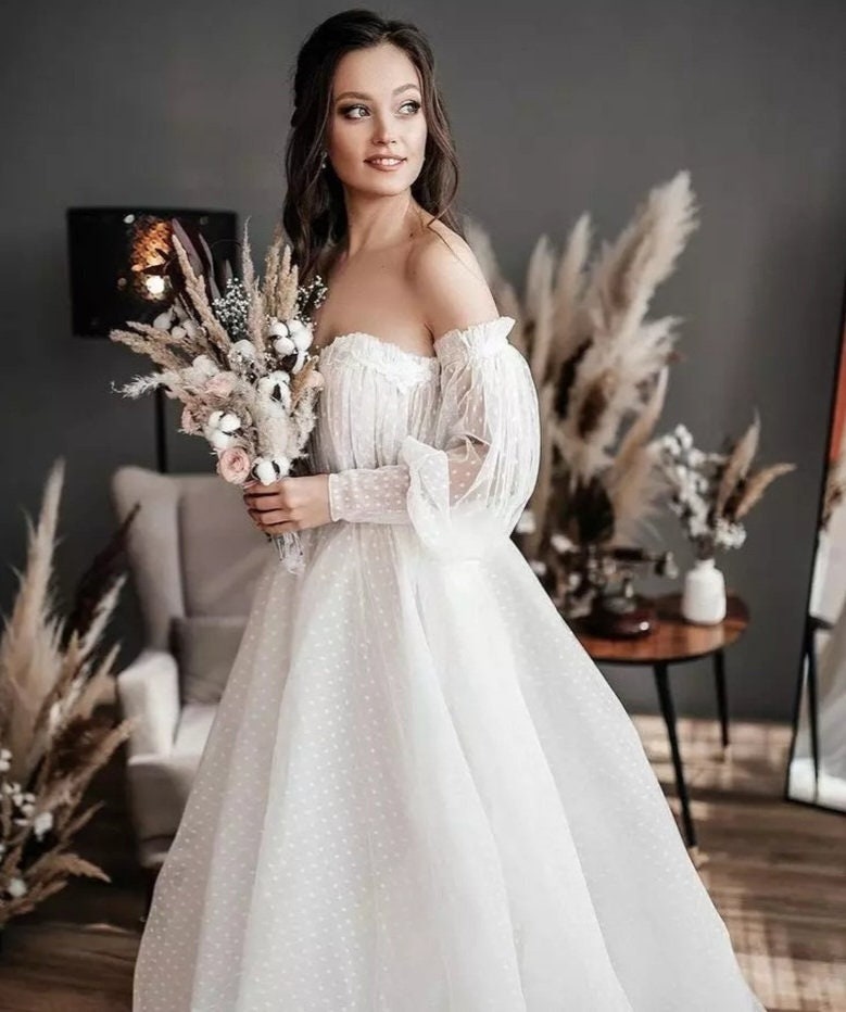 Polka Dot Tulle Ruffled Bohemian Off The Shoulder Puff Sleeve Gown