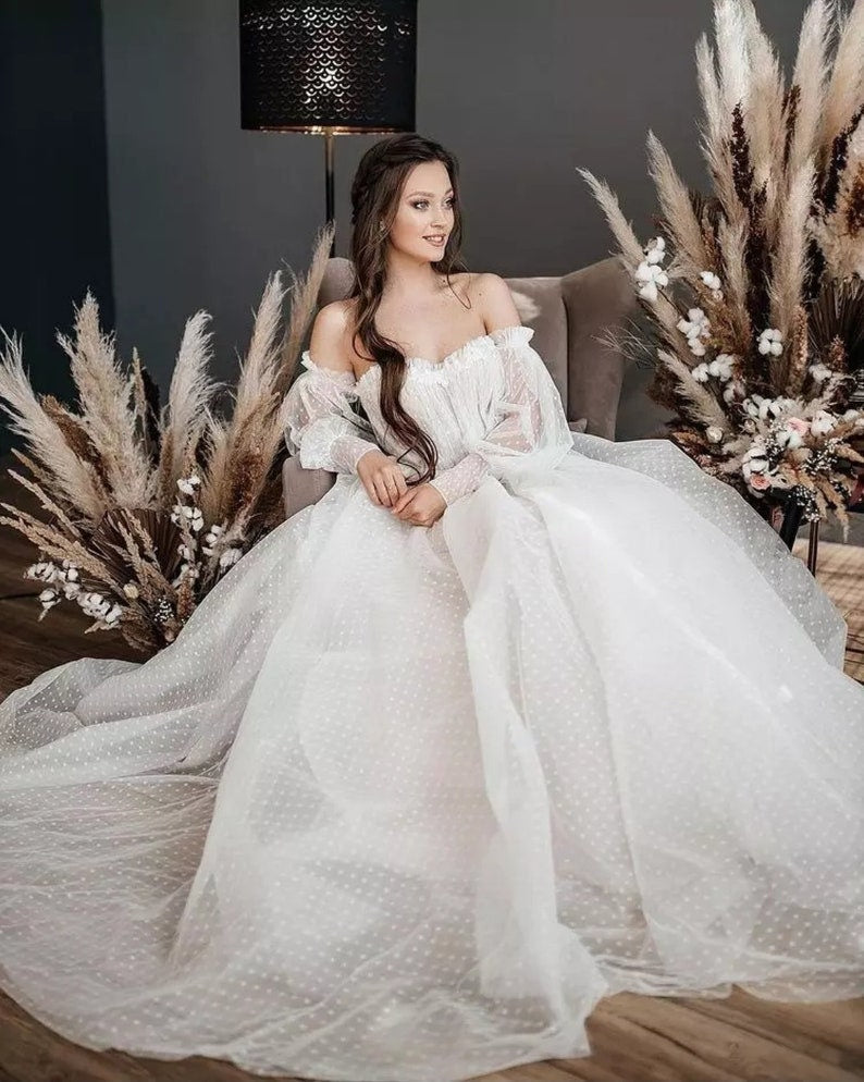 Polka Dot Tulle Ruffled Bohemian Off The Shoulder Puff Sleeve Gown