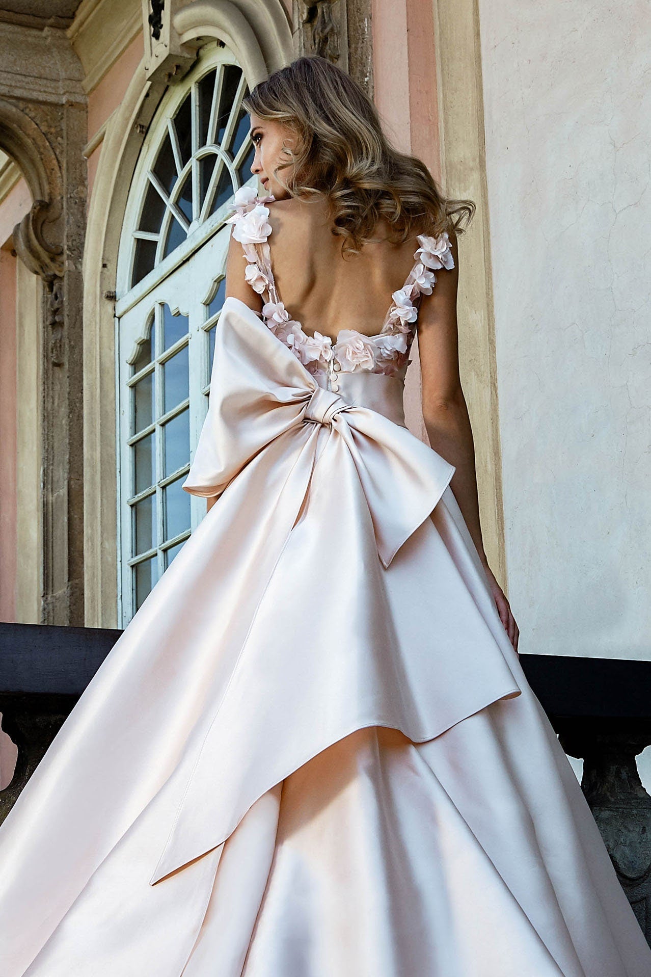 3D Floral Appliqués Satin Deep V Sweetheart Gown With Dramatic Back Bow