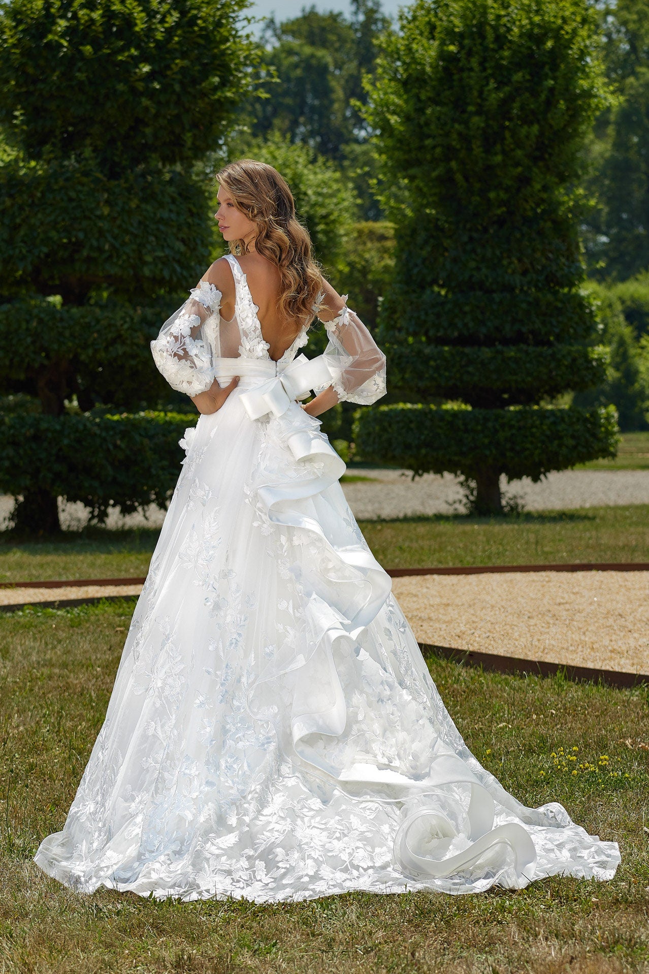 Floral Lace & Pleated Satin Waisted Gown With Ruffled Back Bow Knot And Detached Sleeves