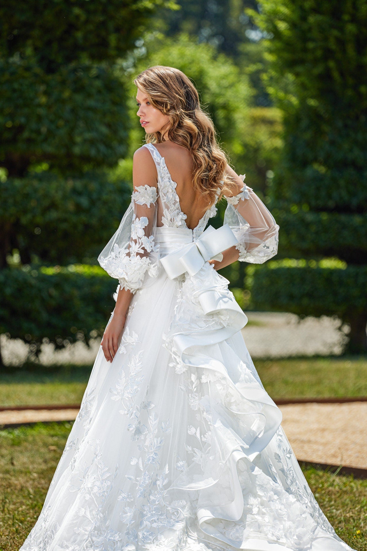 Floral Lace & Pleated Satin Waisted Gown With Ruffled Back Bow Knot And Detached Sleeves