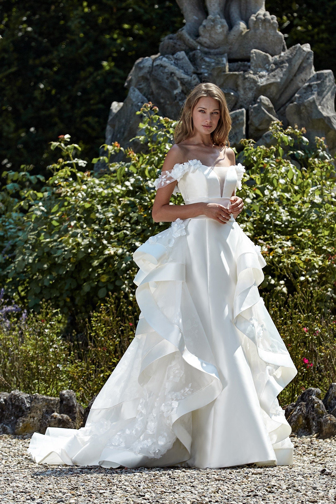 Floral 3D Appliqué Strap Off The Shoulder V Neck Gown With Satin & Floral Trimmed Train Gown