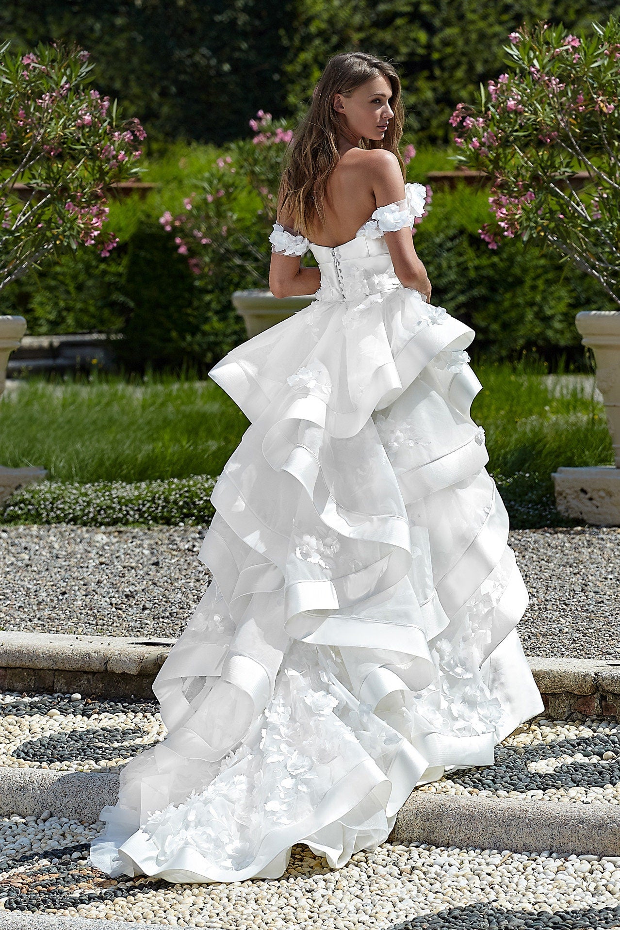 Floral 3D Appliqué Strap Off The Shoulder V Neck Gown With Satin & Floral Trimmed Train Gown