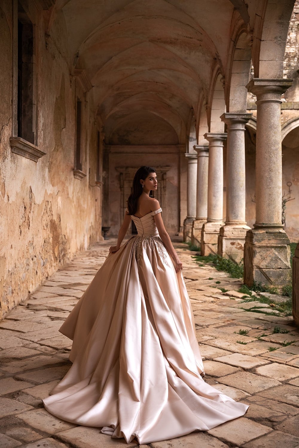 Pleated Crystal & Beaded Embellished Off The Shoulder Sheath Satin Gown/Detachable Cathedral-Length Train Overskirt