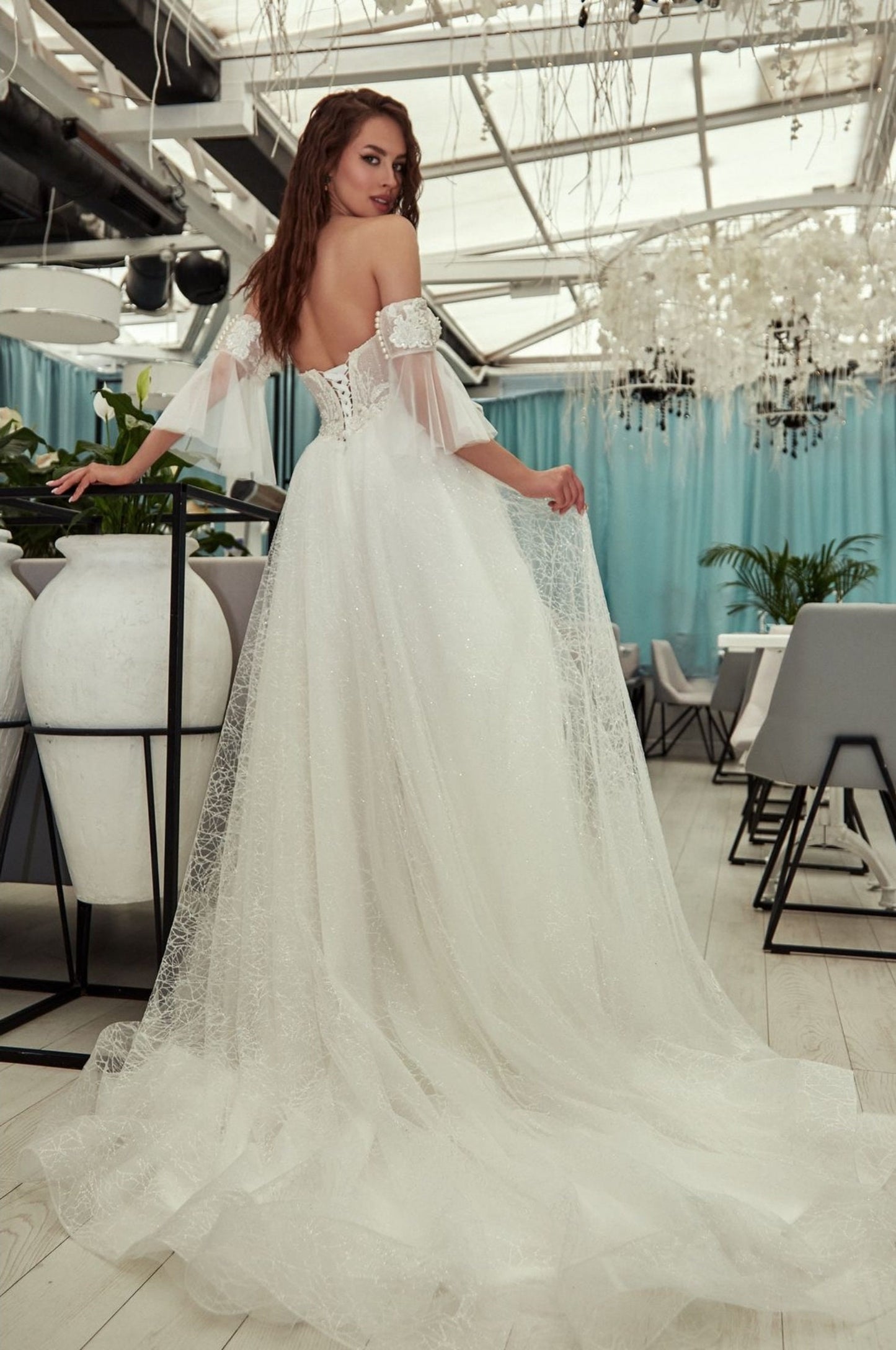 Detached Floral Sequin Beaded Short Flare Sleeves