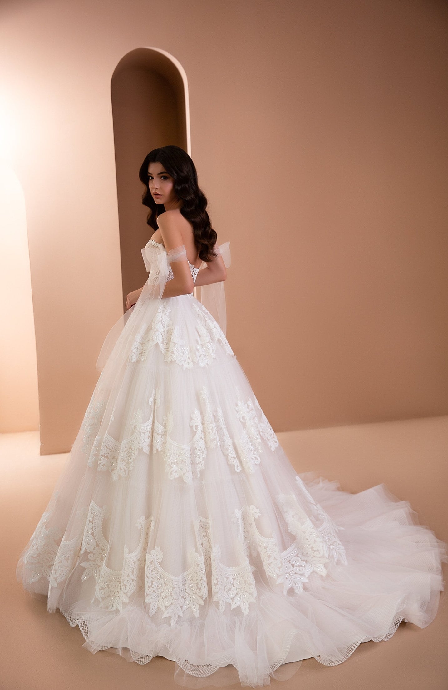 Unique Floral Lace Sweetheart Bodice With Off The Shoulder Bow Knot Straps Gown