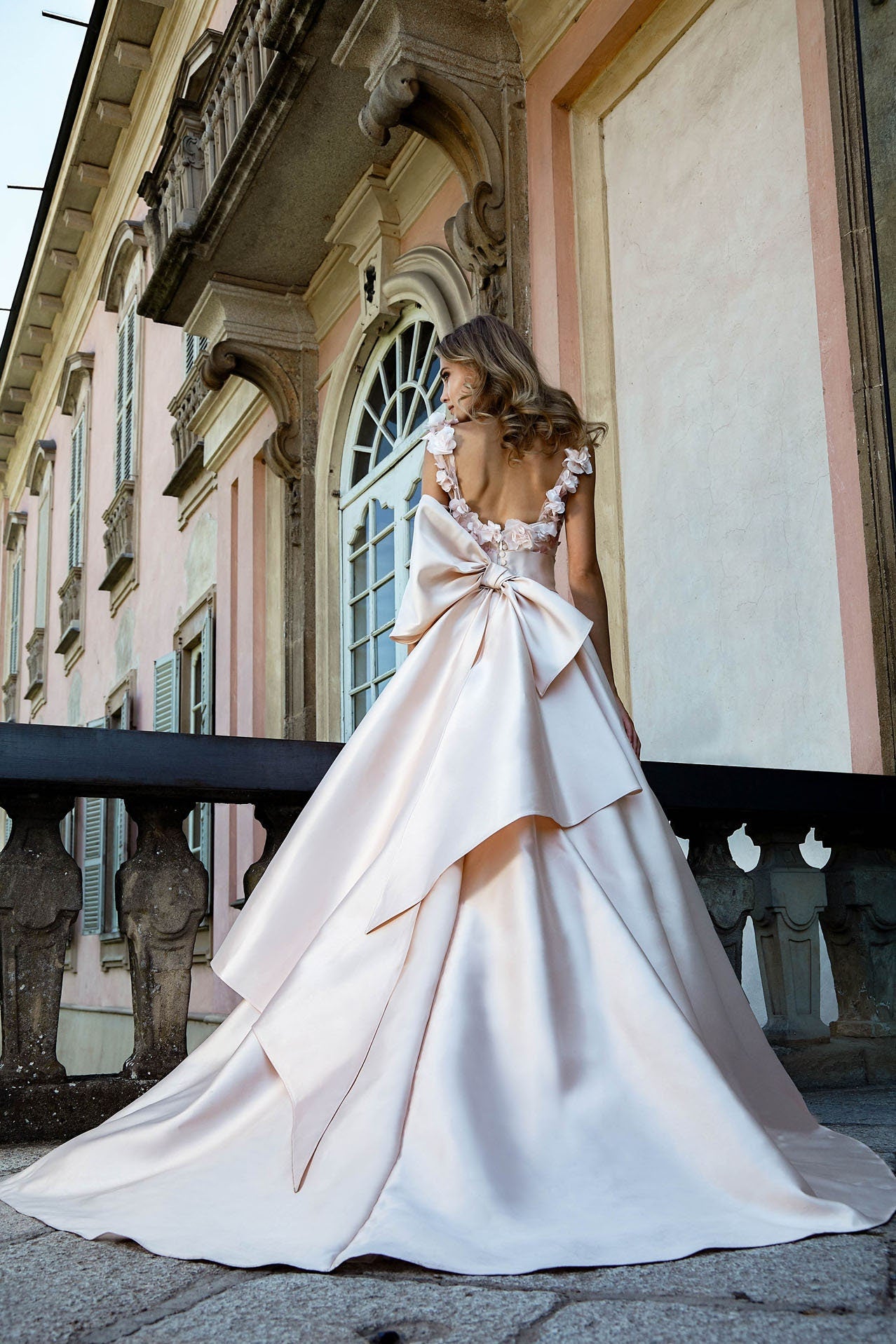 3D Floral Appliqués Satin Deep V Sweetheart Gown With Dramatic Back Bow