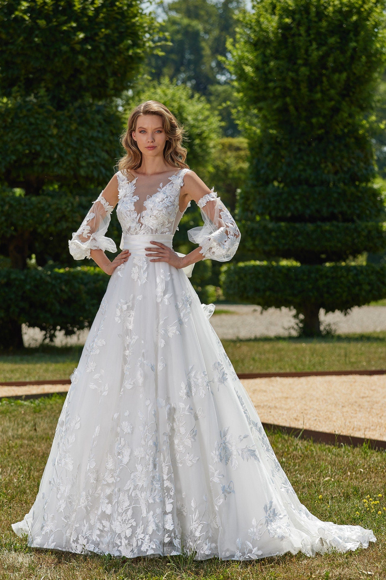 Floral Lace & Pleated Satin Waisted Gown With Ruffled Back Bow Knot And Detached Sleeves