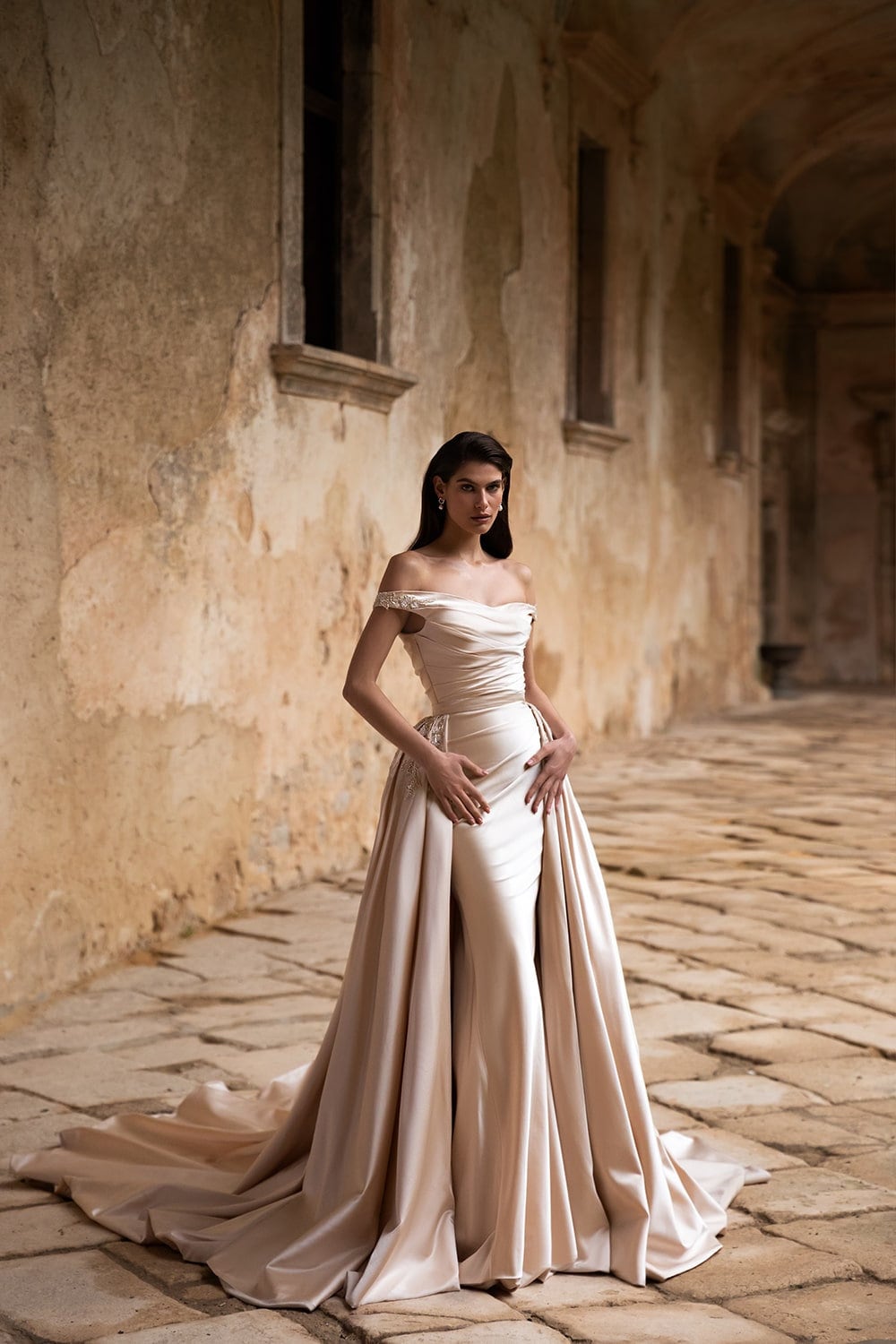 Pleated Crystal & Beaded Embellished Off The Shoulder Sheath Satin Gown/Detachable Cathedral-Length Train Overskirt