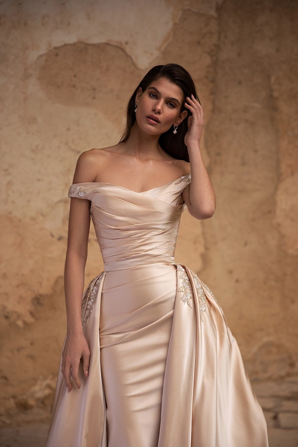 Pleated Crystal & Beaded Embellished Off The Shoulder Sheath Satin Gown/Detachable Cathedral-Length Train Overskirt