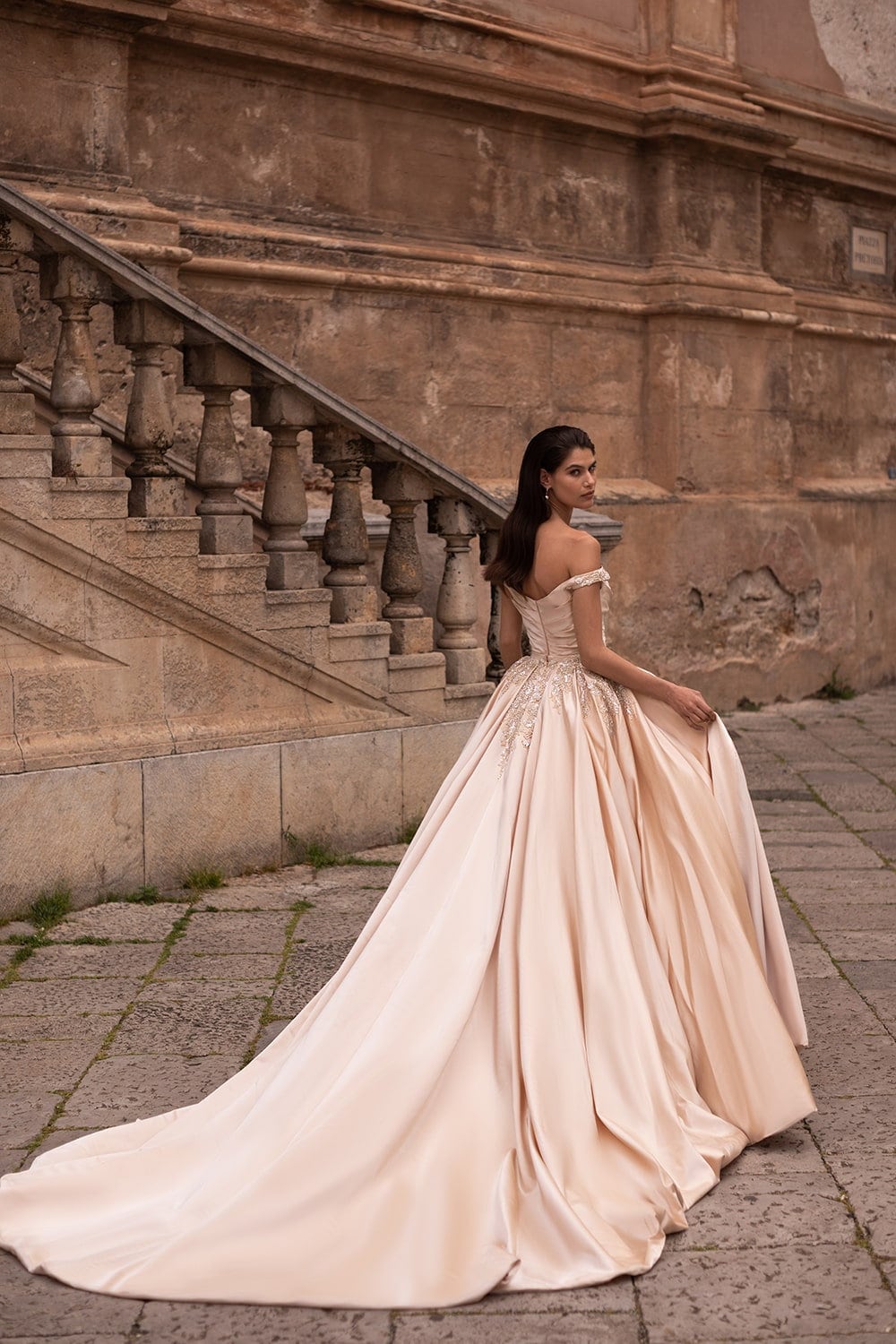 Pleated Crystal & Beaded Embellished Off The Shoulder Sheath Satin Gown/Detachable Cathedral-Length Train Overskirt