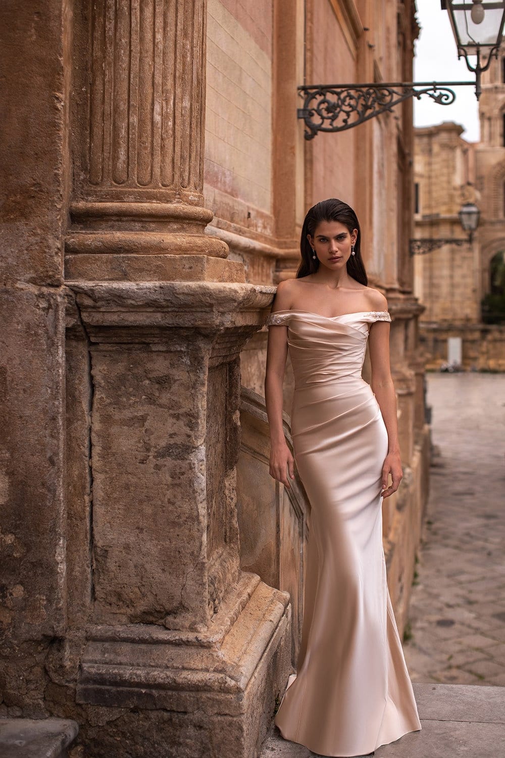 Pleated Crystal & Beaded Embellished Off The Shoulder Sheath Satin Gown/Detachable Cathedral-Length Train Overskirt