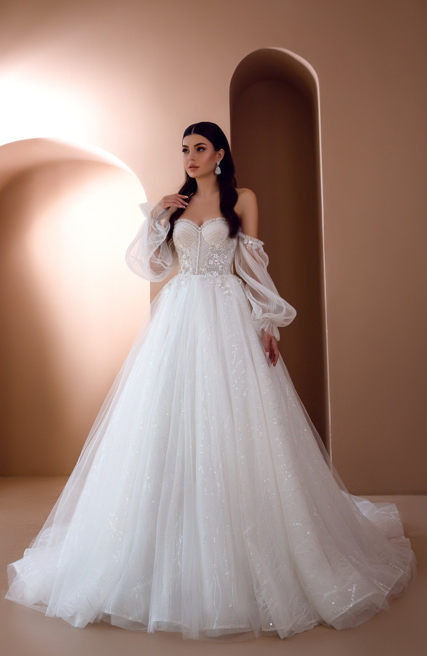 floral sequin tulle dress in white Floral Sequin Tulle Dress in Cream