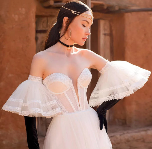 Detached Boho Lace Trimmed Tulle Short Sleeves
