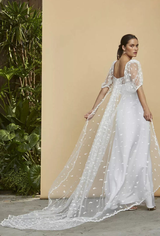 Embroidered Pearl Beaded Dotted Sheer Short Sleeve Cape