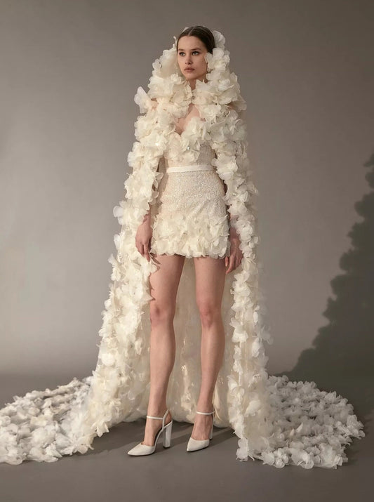 Full 3D Floral Embroidered Hooded Organza Cape
