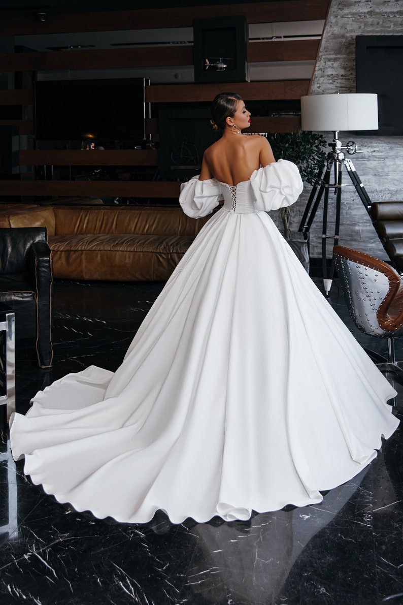 Strapless Crystal Beaded Trim Sweetheart Pleated A-Line Gown With Detached Cloud Puff Sleeves