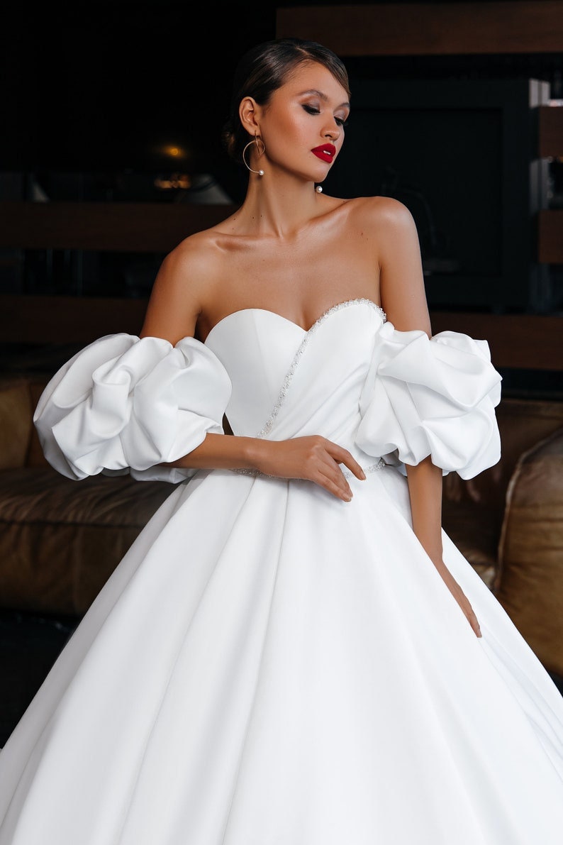 Strapless Crystal Beaded Trim Sweetheart Pleated A-Line Gown With Detached Cloud Puff Sleeves