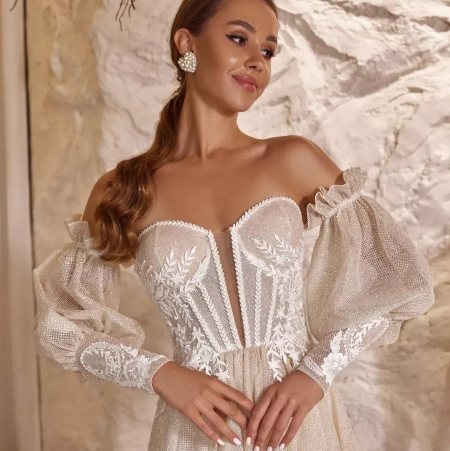 Detached Ruffled Bicep Victorian Appliqué Shimmer Sleeves