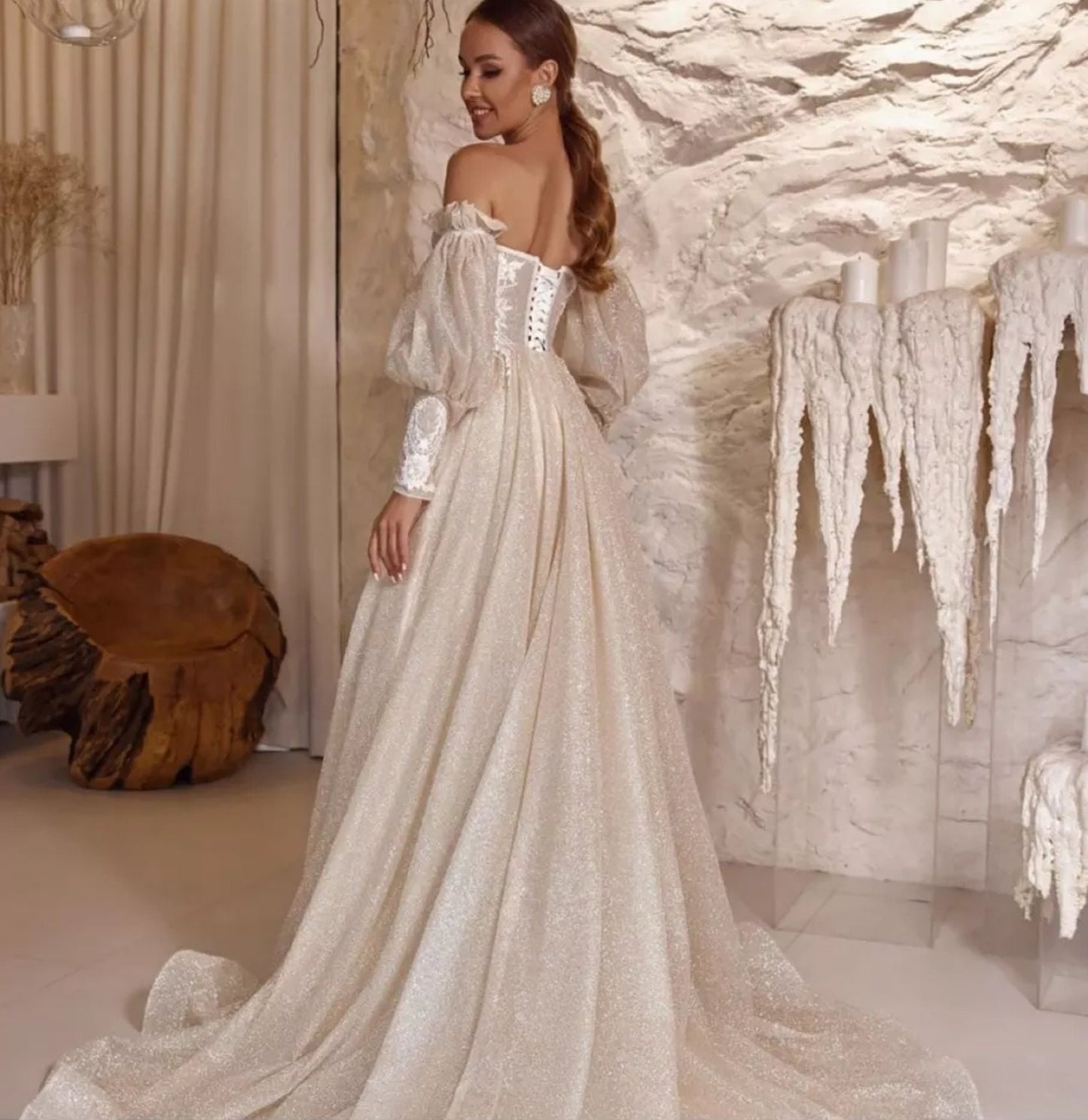 Detached Ruffled Bicep Victorian Appliqué Shimmer Sleeves