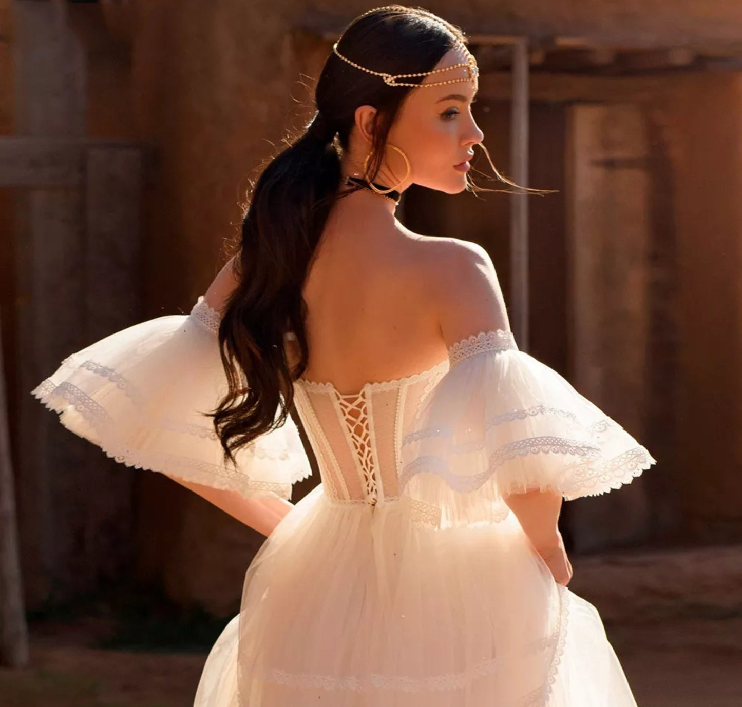 Detached Boho Lace Trimmed Tulle Short Sleeves