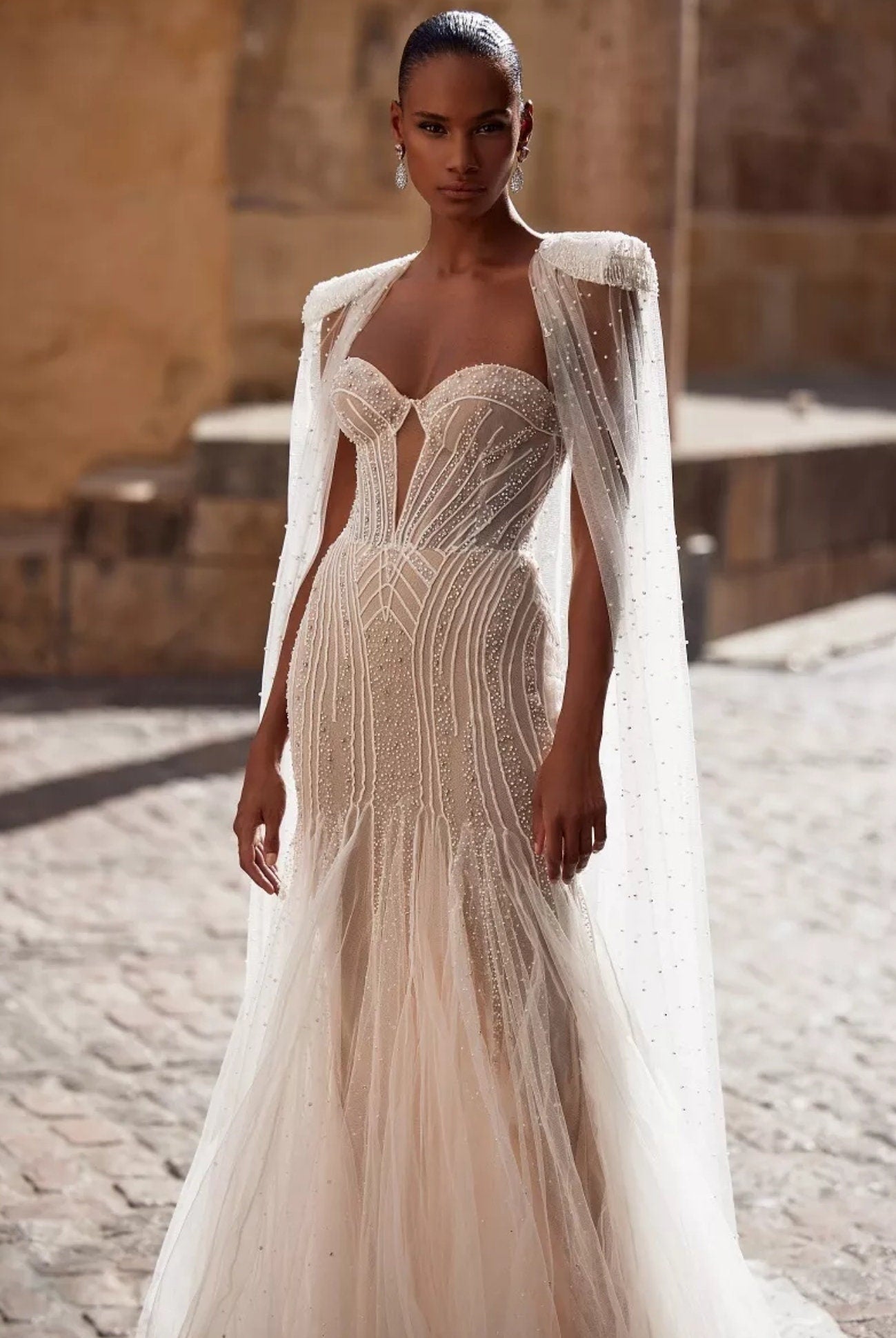 Pearl Beaded Embroidered Tulle Cape