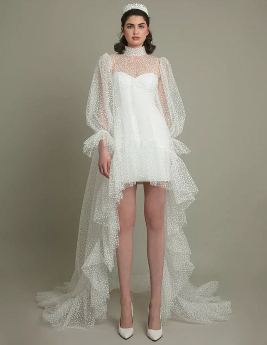 High Low Dotted High Neck Tulle Cape