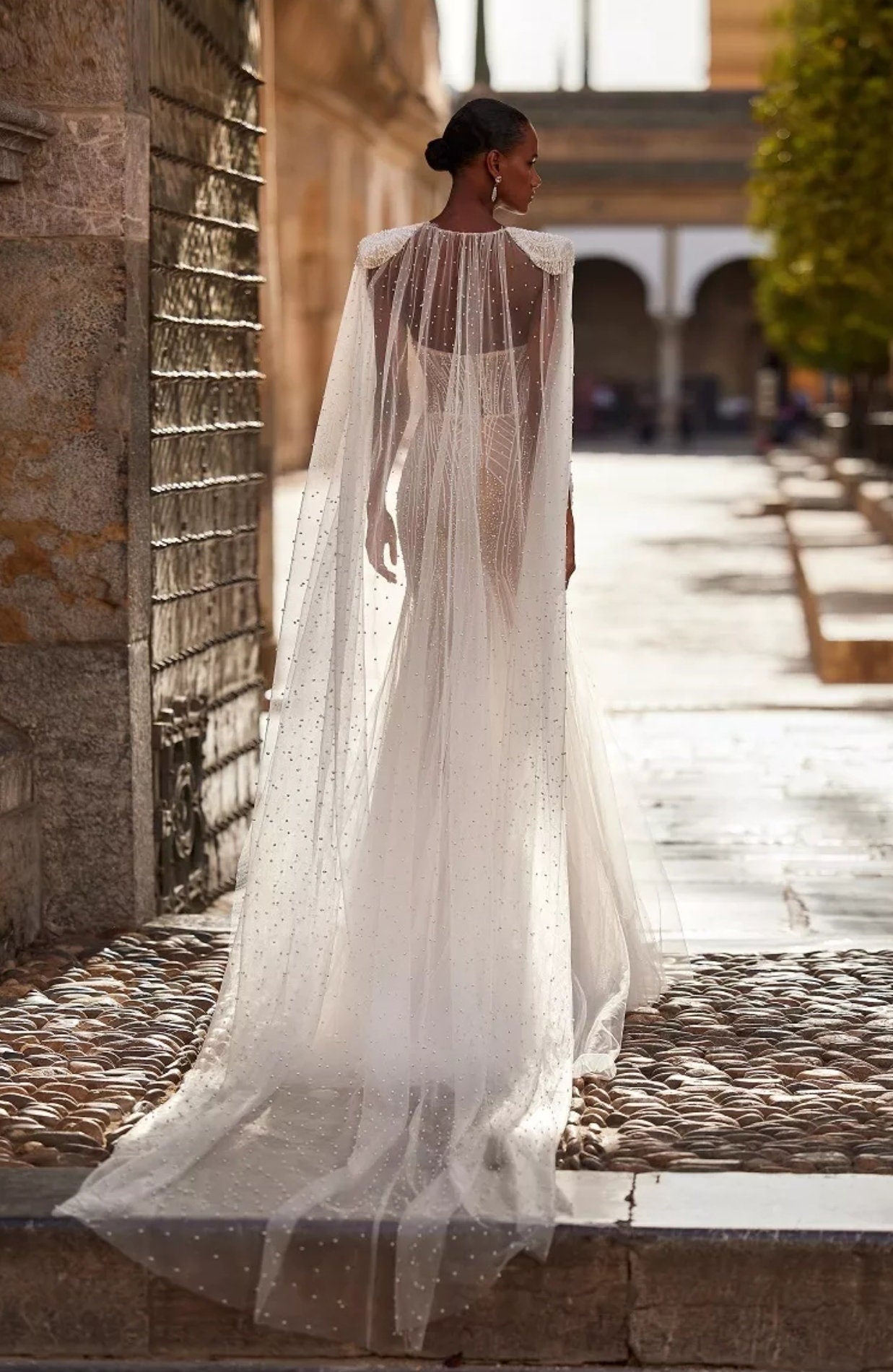 Pearl Beaded Embroidered Tulle Cape