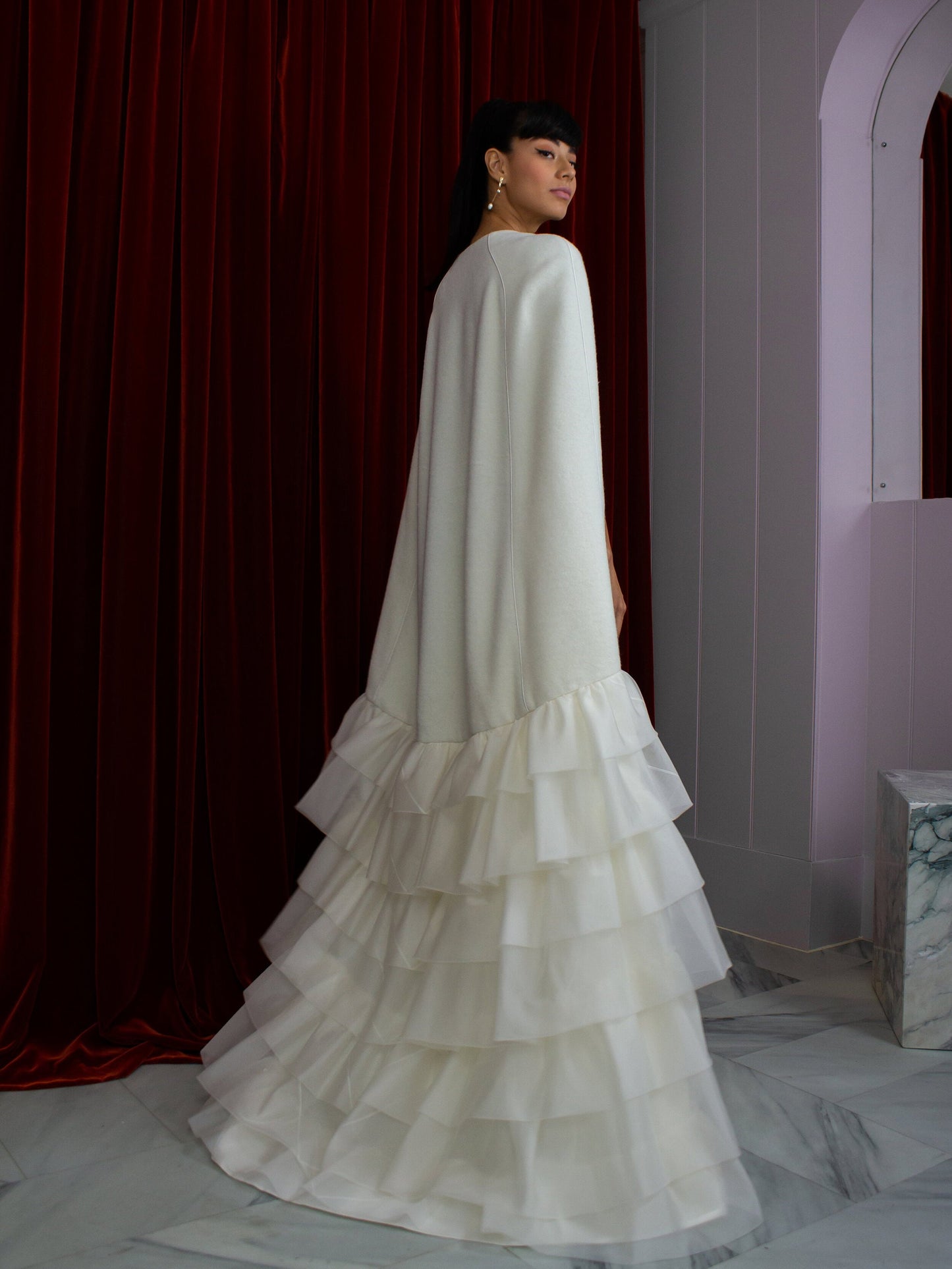Floor Length Multi Layered Ruffled Hem Bridal & Special Occasion Cape
