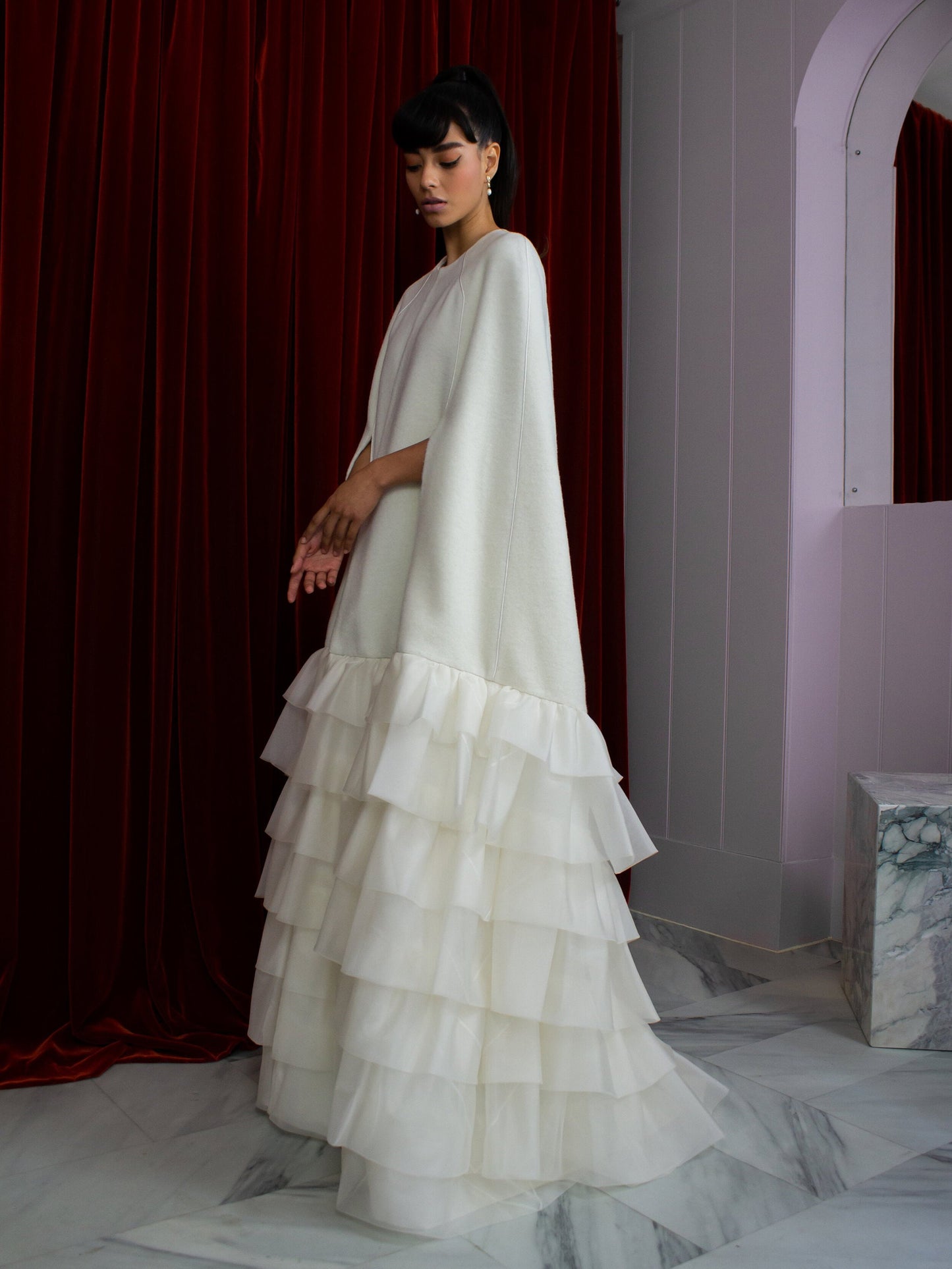 Floor Length Multi Layered Ruffled Hem Bridal & Special Occasion Cape