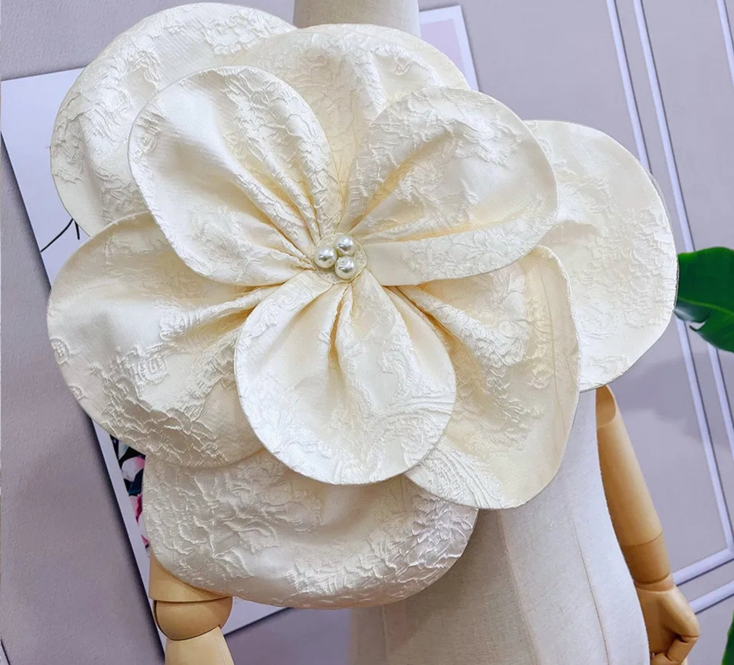 Detached Oversized Jacquard Floral Flower With Pearl Beaded Center