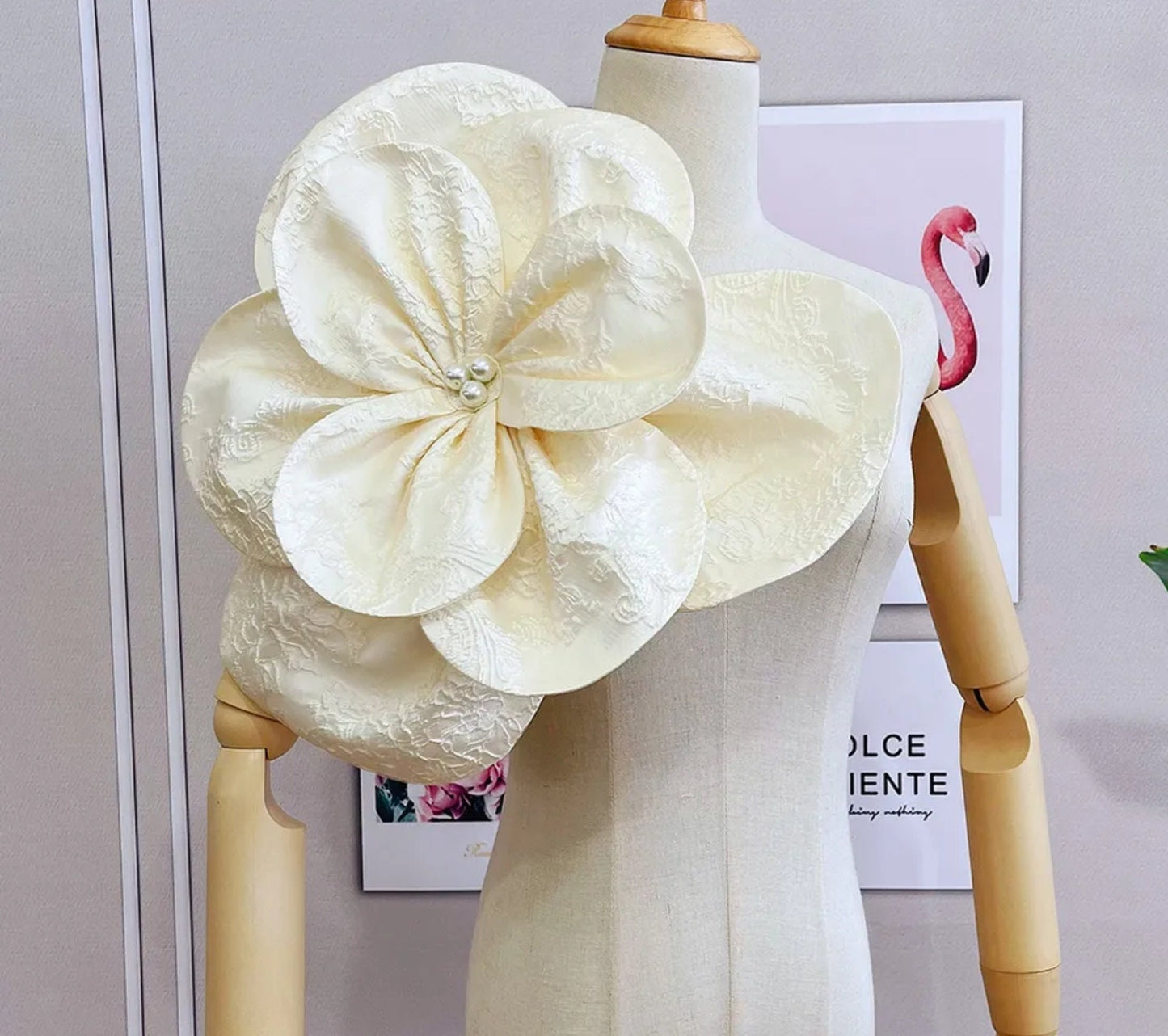 Detached Oversized Jacquard Floral Flower With Pearl Beaded Center