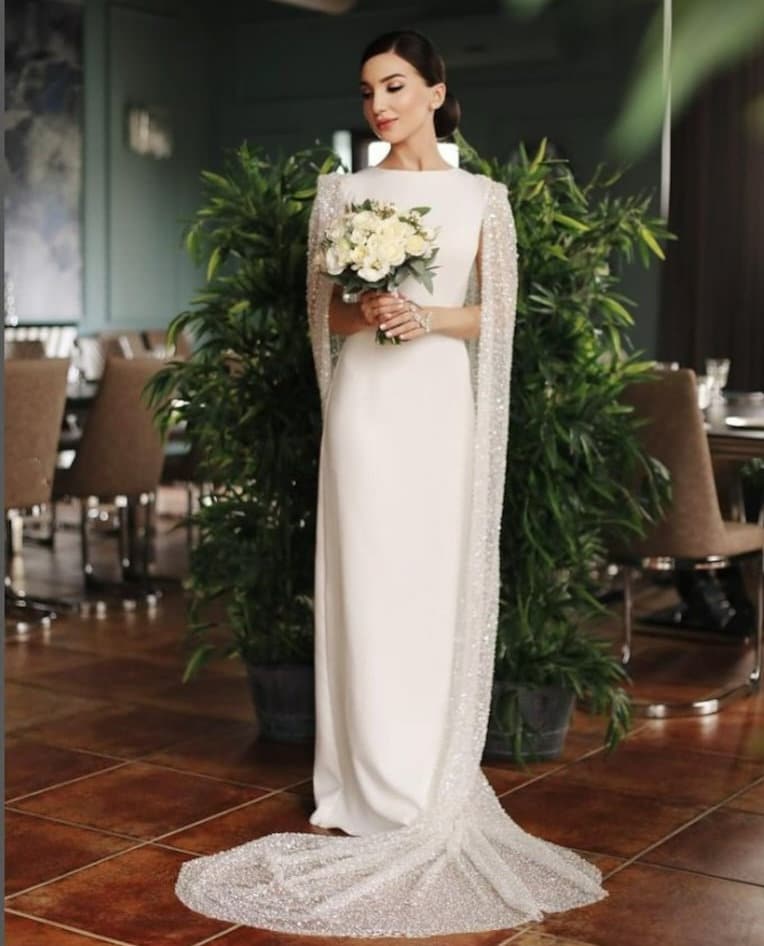 Sleeveless Modest Sheath Gown With Detachable Shimmering Cape
