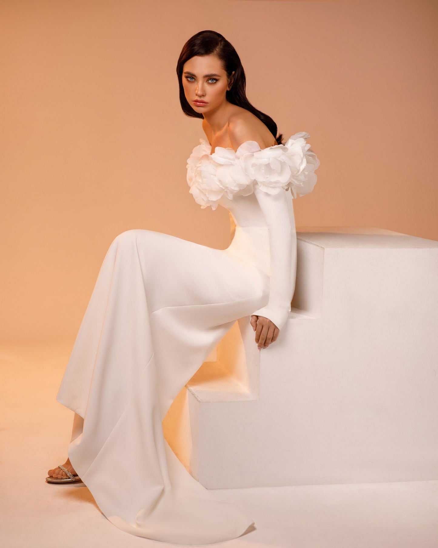 Long Sleeve Off The Shoulder Bold Floral 3D Gown