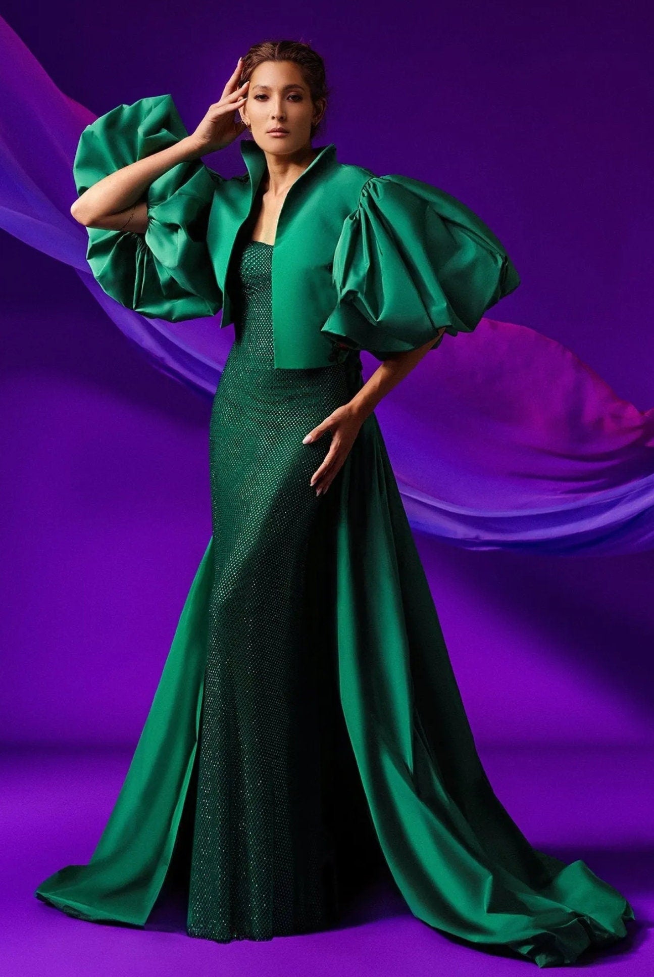 oversized cape dress Jovani 23742 One Shoulder Cape Formal Dress with Oversized Bow - Royal