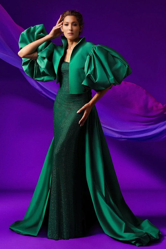 Oversized Dramatic Mikado Puff Sleeve Cinched Back Floor Length Cape
