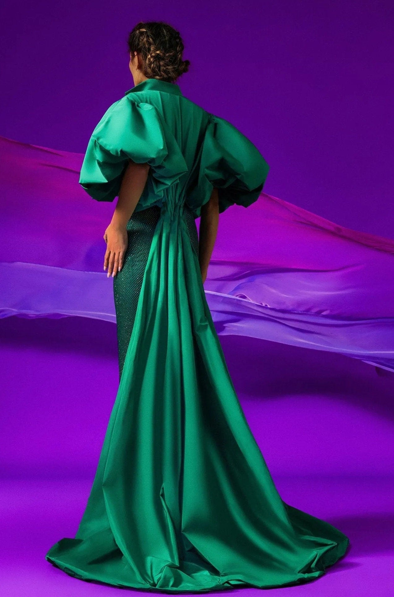 Oversized Dramatic Mikado Puff Sleeve Cinched Back Floor Length Cape