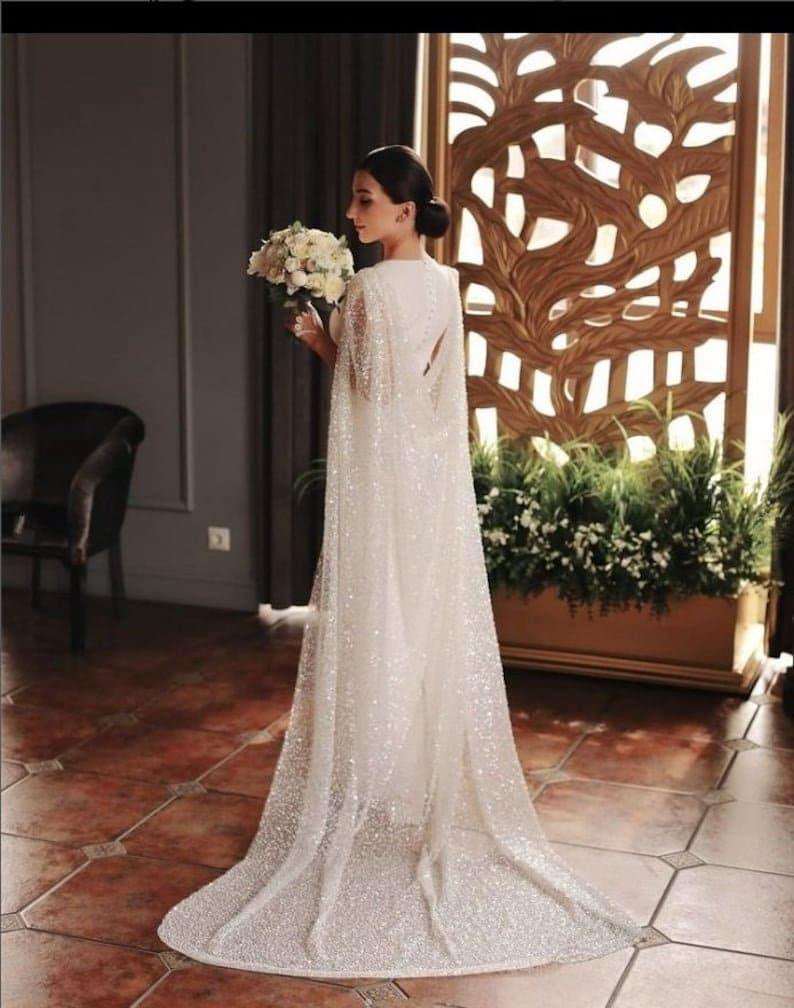 Sleeveless Modest Sheath Gown With Detachable Shimmering Cape