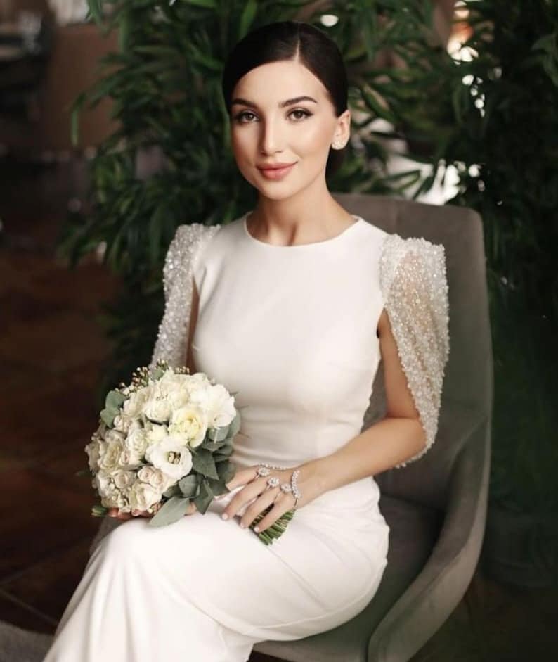Sleeveless Modest Sheath Gown With Detachable Shimmering Cape