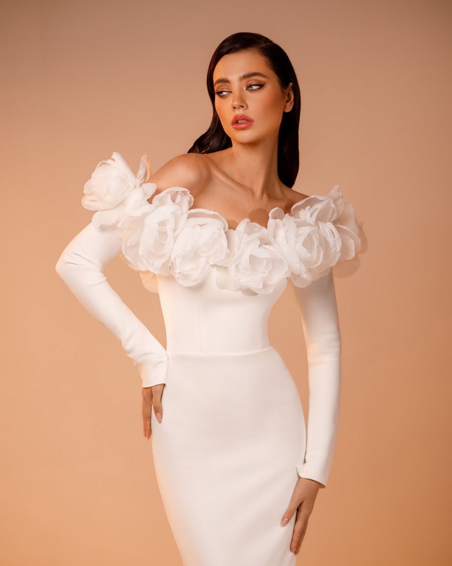 Long Sleeve Off The Shoulder Bold Floral 3D Gown